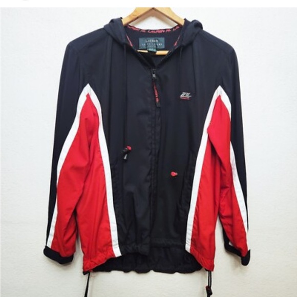 Vintage Lauren Ralph Lauren Full Zip Hooded Black Red White Windbreaker Jacket - Picture 3 of 9